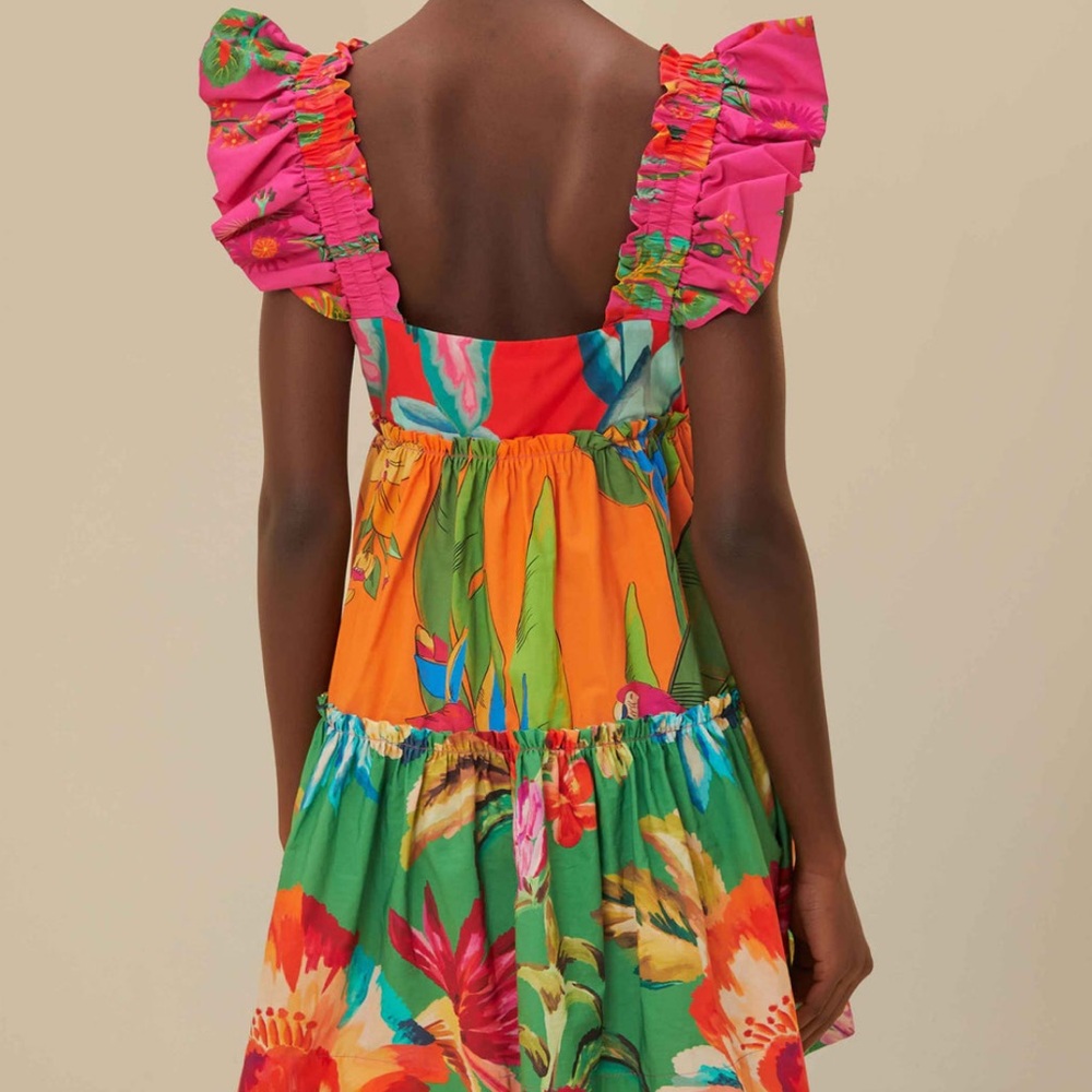 FARMRIO Foliage Mix Mini Dress Tropical Floral Ruffle Sleeve Tucan Cotton Size L - Picture 2 of 9